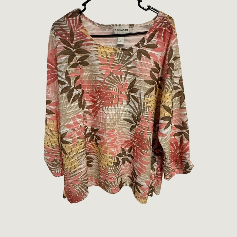 C.D. Daniels Womens 2X Tropical Palm Leaf Roll Tab Sleeve Blouse Coral Brown